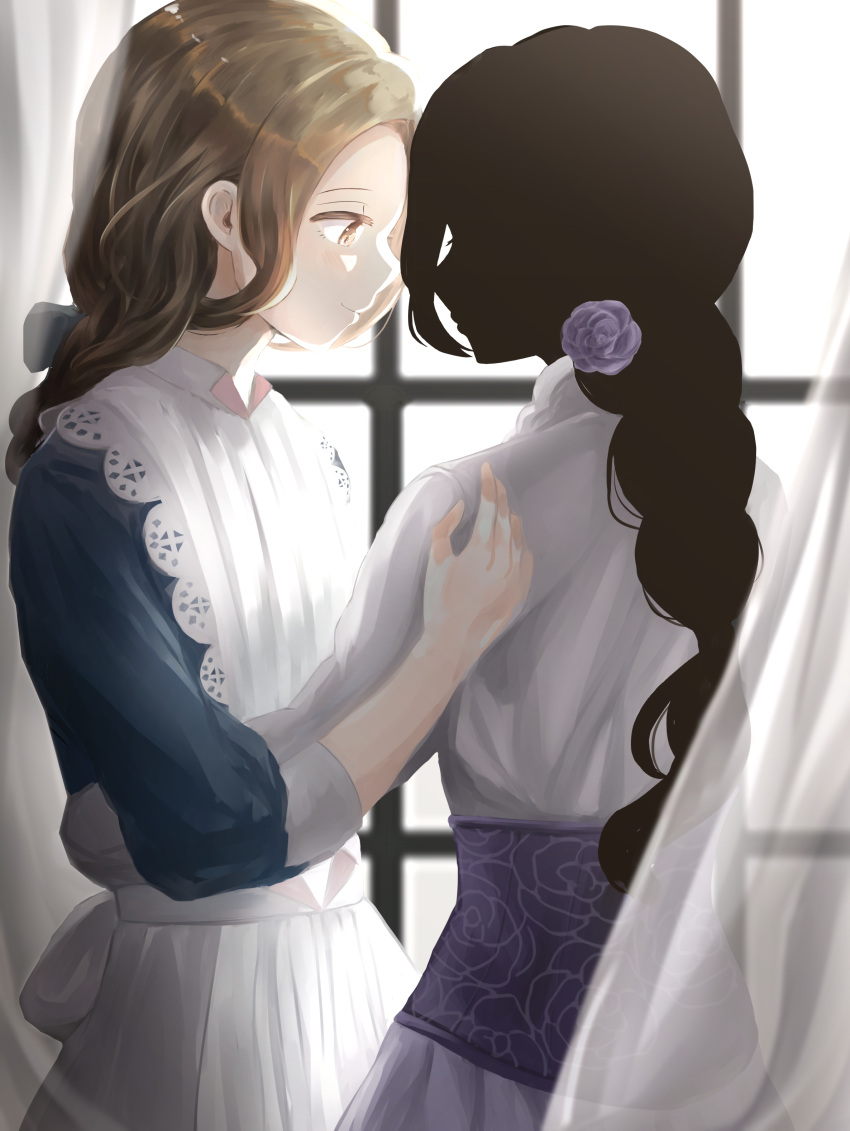 2girls absurdres apron blue_dress blue_ribbon braid brown_eyes closed_mouth commentary_request dress flower forehead hair_flower hair_ornament hair_ribbon hand_on_another's_shoulder hand_up highres long_braid long_hair looking_at_another maryrose_(shadows_house) multiple_girls purple_dress ribbon rosemary_(shadows_house) shadow_(shadows_house) shadows_house single_braid sleeves_past_elbows smile upper_body wen_(nukumaruyutaka) white_apron