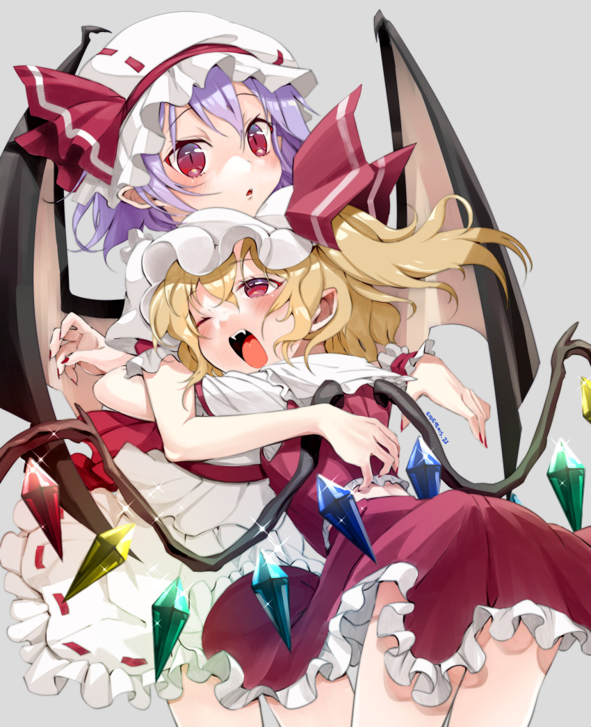 2girls ;d absurdres ascot blonde_hair blush crystal eudetenis fangs flandre_scarlet grey_background happy hat hat_ribbon highres hug hug_from_behind looking_at_viewer mob_cap multiple_girls nail_polish one_eye_closed open_mouth petticoat red_eyes red_nails red_ribbon red_skirt remilia_scarlet ribbon shirt short_sleeves siblings simple_background sisters skirt skirt_set slit_pupils smile touhou vest wings wrist_cuffs