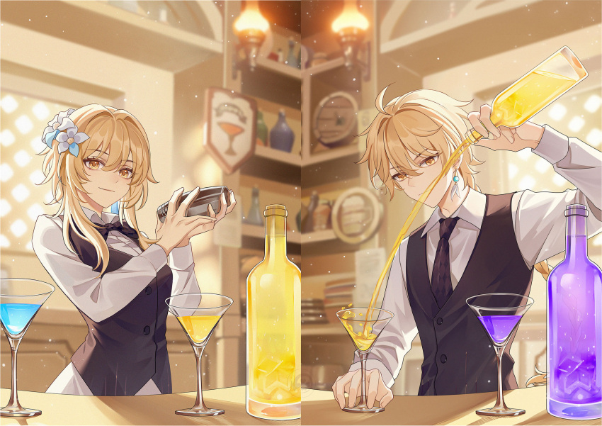 1boy 1girl aether_(genshin_impact) bartender black_necktie blonde_hair bottle braid braided_ponytail brother_and_sister cocktail cocktail_glass cocktail_shaker collared_shirt cup drink drinking_glass earrings employee_uniform flower genshin_impact hair_flower hair_ornament highres indoors jewelry long_hair long_sleeves lumine_(genshin_impact) necktie pouring shirt siblings sleepy1292673668 smile uniform vest yellow_eyes