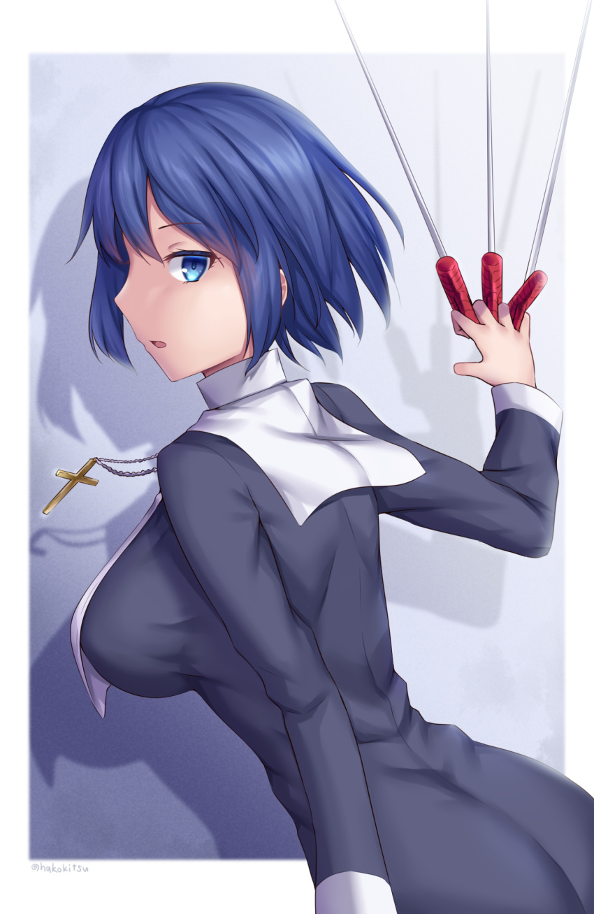 1girl ass bangs black_dress black_keys_(type-moon) blue_eyes blue_hair breasts ciel_(tsukihime) commentary_request cross cross_necklace crossed_fingers dress eyebrows_visible_through_hair habit hair_between_eyes highres holding holding_sword holding_weapon jewelry large_breasts latin_cross long_sleeves looking_at_viewer necklace nun shadow short_hair solo soukitsu sword tsukihime tsukihime_(remake) twitter_username weapon