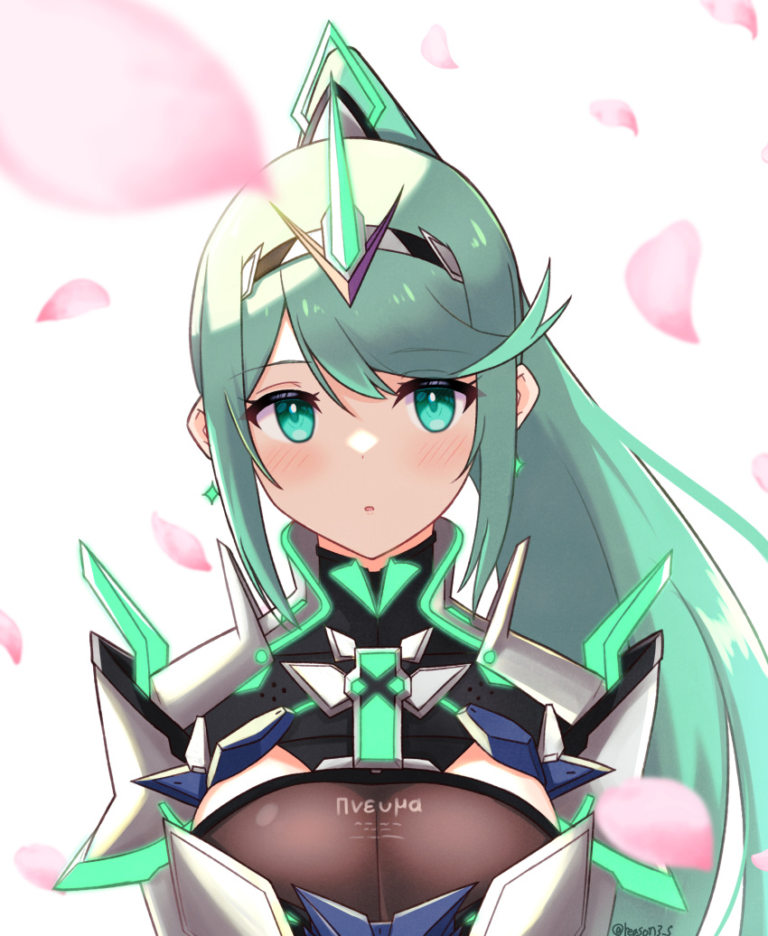 1girl absurdres bangs breasts chest_jewel earrings gem greek_text green_eyes green_hair headpiece highres jewelry large_breasts long_hair pneuma_(xenoblade) ponytail reason3_s solo swept_bangs tiara very_long_hair xenoblade_chronicles_(series) xenoblade_chronicles_2