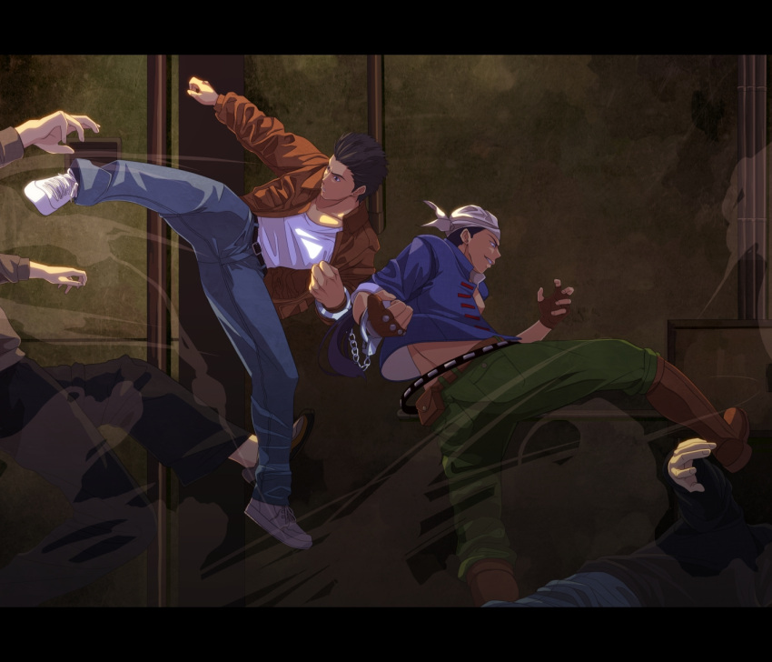 4boys bandana belt boots brown_footwear brown_gloves brown_hair brown_jacket chain character_request clenched_hands cuffs denim fighting fingerless_gloves gloves green_pants handcuffs hazuki_ryou highres jacket jeans kicking leather leather_jacket multiple_boys outdoors pants pouch ren_wu_ying sega shenmue shenmue_ii shoes short_hair sneakers tsukumo_(soar99) white_footwear white_headwear