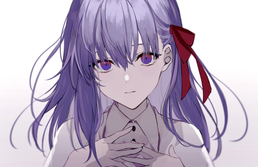 1girl bangs collared_dress commentary_request dress expressionless face fate/hollow_ataraxia fate/stay_night fate_(series) gradient gradient_background gradient_eyes hair_ribbon hands_on_own_chest long_hair looking_at_viewer matou_sakura multicolored_eyes nozz177 purple_hair red_eyes red_ribbon ribbon shiny shiny_hair simple_background solo upper_body violet_eyes white_background white_dress