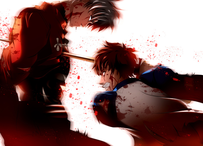 archer bad_id battle blood blood_on_face brown_hair emiya_shirou fate/stay_night fate_(series) highres male multiple_boys raglan_sleeves red_eyes skyt2 spoilers stabbing sword weapon white_background white_hair