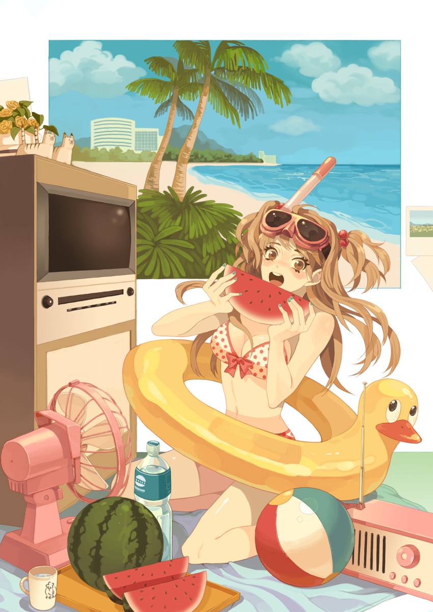 ball beach beachball bikini blush bottle breasts brown_eyes brown_hair cat cleavage cloud clouds cup duck eating electric_fan fan flower food front-tie_top fruit goggles goggles_on_head hair_bobbles hair_ornament highres innertube long_hair midriff mug navel ocean open_mouth original palm_tree polka_dot polka_dot_bikini polka_dot_swimsuit radio sitting snorkel solo swimsuit television tree twintails wariza water water_bottle watermelon