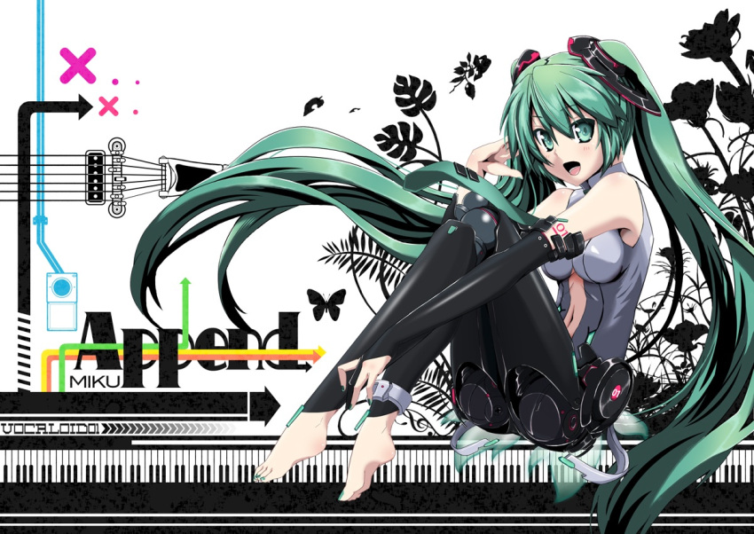 android anklet aqua_eyes aqua_hair barefoot belt bridal_gauntlets elbow_gloves english fingerless_gloves gloves hatsune_miku hatsune_miku_(append) hebata instrument jewelry keyboard_(instrument) long_hair miku_append navel necktie robot_joints sitting smile solo thigh-highs thighhighs toeless_socks twintails very_long_hair vocaloid vocaloid_append