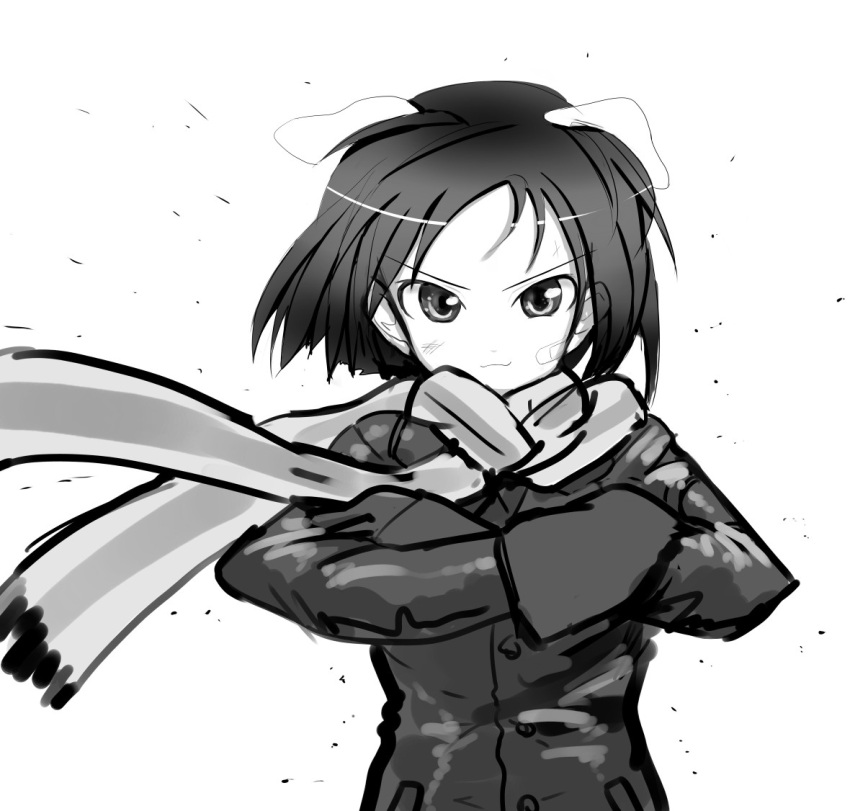 :3 animal_ears arms_crossed bad_id bandaid kanno_naoe monochrome scarf strike_witches