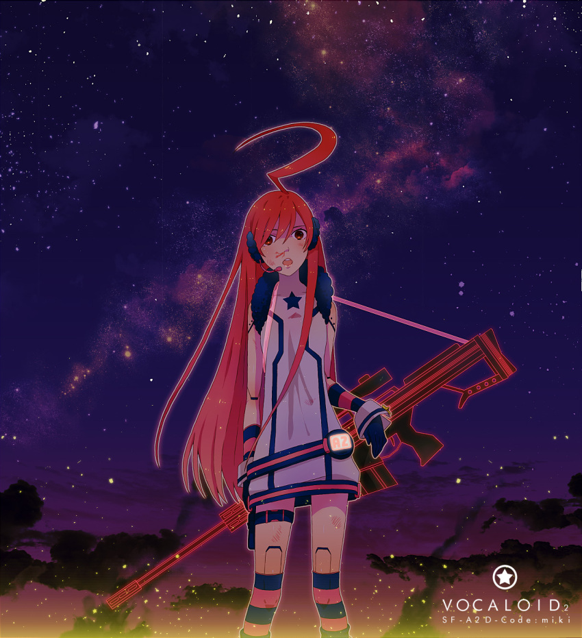 android anti-materiel_rifle blood blush bruise dress earmuffs gloves gun headphones headset highres injury kneehighs kuko long_hair m82a1 miki_(vocaloid) night nosebleed red_eyes red_hair redhead rifle robot_joints sf-a2_miki sky sniper_rifle socks solo star star_(sky) starry_sky striped striped_gloves striped_kneehighs striped_legwear thigh-highs thighhighs vocaloid weapon wrist_cuffs zettai_ryouiki