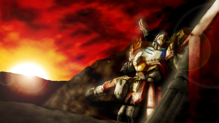 damaged gatling_gun gun gundam gundam_heavyarms gundam_wing heavy_arms highres lens_flare mecha sunset weapon