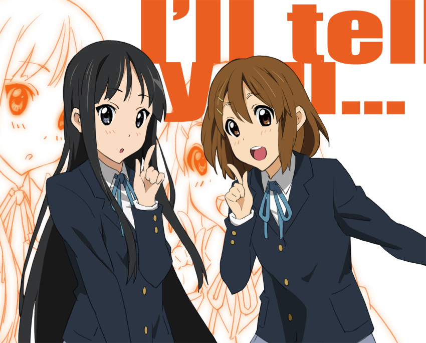 2girls akiyama_mio black_eyes black_hair brown_eyes brown_hair gia_kon highres hirasawa_yui k-on! long_hair school_uniform short_hair zoom_layer