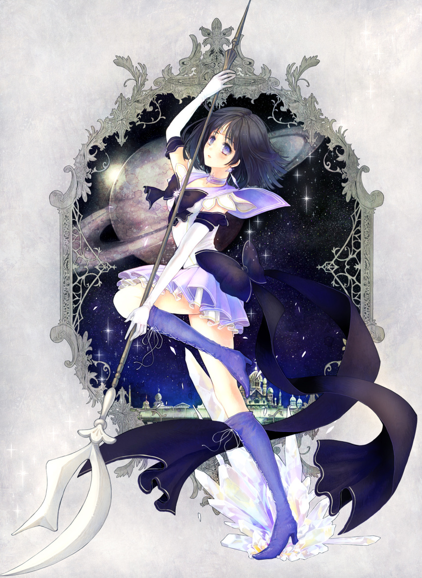 bad_id bishoujo_senshi_sailor_moon black_hair blue_eyes boots bow choker circlet earrings elbow_gloves glaive gloves high_heels highres jewelry knee_boots magical_girl manbou_no_suiso miniskirt planet polearm sailor_collar sailor_saturn shoes short_hair silence_glaive skirt solo staff tomoe_hotaru weapon