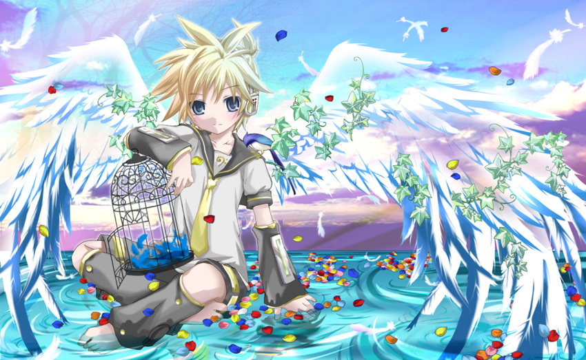 birdcage feathers kagamine_len sky solo tagme vocaloid wather wings