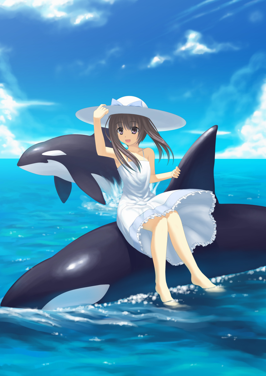 absurdres ac_(eshi) bad_id bare_shoulders barefoot brown_eyes brown_hair cloud clouds dress eshi feet_in_water hand_on_hat hat hat_ribbon highres long_hair ocean open_mouth orca original ribbon riding sky smile soaking_feet solo sun_hat sundress water whale