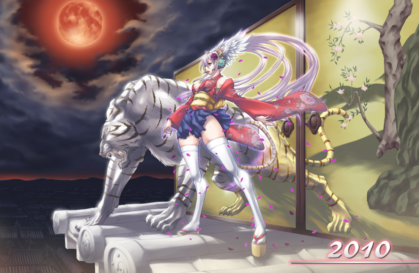 animal animal_ears breasts claws cloud clouds detached_sleeves fingernails flower full_moon hair_flower hair_ornament head_wings headset highres japanese_clothes kimono kimono_skirt lavender_hair long_fingernails long_hair long_nails moon nails night night_sky open_mouth original petals red_eyes red_moon red_sky rooftop rose sandals sash sharp_teeth shoes sideboob sky solo tabi tail teku_(2nd_escape) thick_thighs thigh-highs thighhighs thighs tiger tiger_ears tree very_long_hair white_legwear white_thighhighs white_tiger zettai_ryouiki