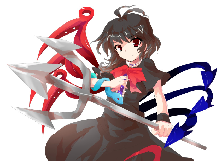 asymmetrical_wings asyura7 black_hair highres houjuu_nue looking_at_viewer parody polearm red_eyes short_hair smile snake solo style_parody touhou trident weapon wings