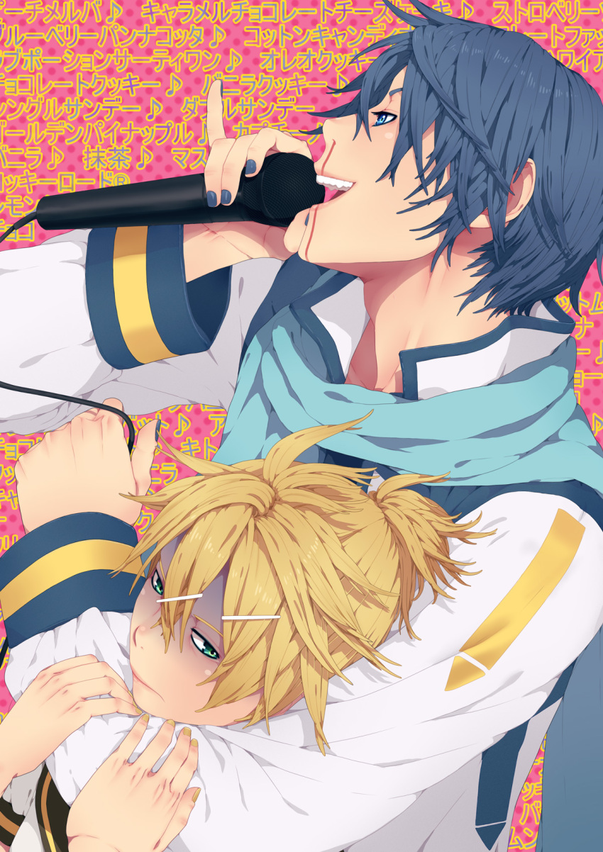 blonde_hair blood blue_eyes blue_hair highres kagamine_len kaito male microphone multiple_boys nail_polish nayu nosebleed short_hair singing vocaloid