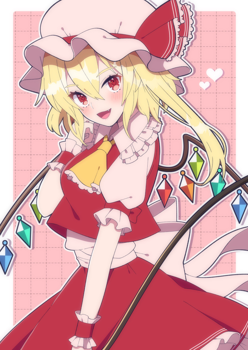 1girl :d absurdres ascot back_bow bangs blonde_hair blush bow breasts checkered_background collar commentary_request crystal eyelashes fang fingernails flandre_scarlet frilled_ascot frilled_collar frilled_shirt_collar frilled_skirt frilled_sleeves frills full_body hair_between_eyes hat hat_ribbon heart highres laevatein_(touhou) looking_at_viewer medium_breasts mob_cap open_mouth outside_border pink_background puffy_short_sleeves puffy_sleeves red_bow red_eyes red_footwear red_ribbon ribbon sash shiny shiny_hair short_hair short_sleeves side_ponytail skirt smile solo touhou white_sash wings wrist_cuffs yoriteruru