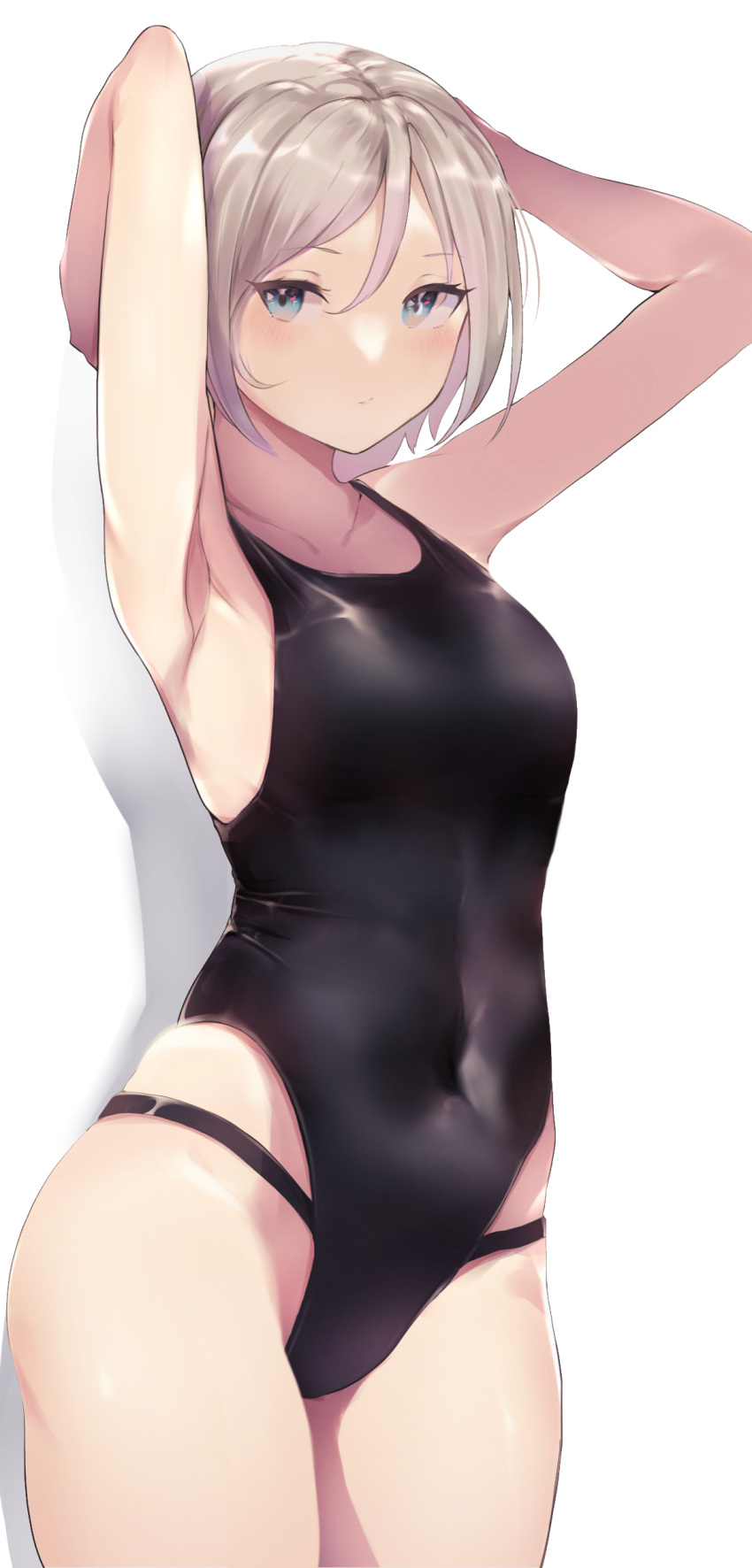 1girl absurdres arms_behind_head arms_up black_swimsuit breasts brown_eyes commentary_request competition_swimsuit cowboy_shot highres kairi_(miry666) looking_at_viewer medium_breasts one-piece_swimsuit original short_ponytail silver_hair simple_background solo swimsuit white_background