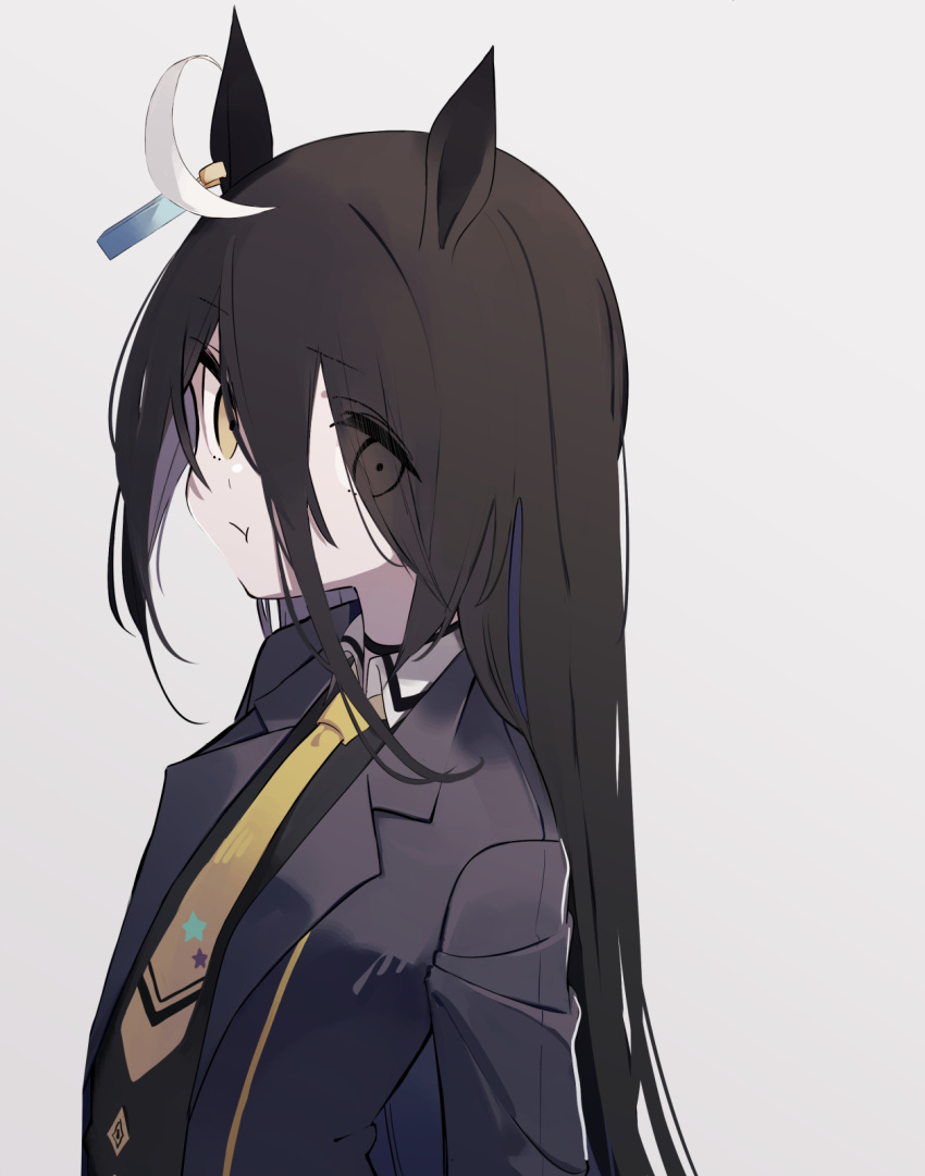 1girl :t ahoge animal_ears bangs black_jacket black_shirt closed_mouth collared_shirt eyebrows_visible_through_hair eyes_visible_through_hair grey_background hair_over_one_eye highres horse_ears jacket long_hair looking_at_viewer manhattan_cafe_(umamusume) necktie open_clothes open_jacket pout print_necktie shirt simple_background solo star_(symbol) star_print tetuw umamusume upper_body very_long_hair yellow_necktie