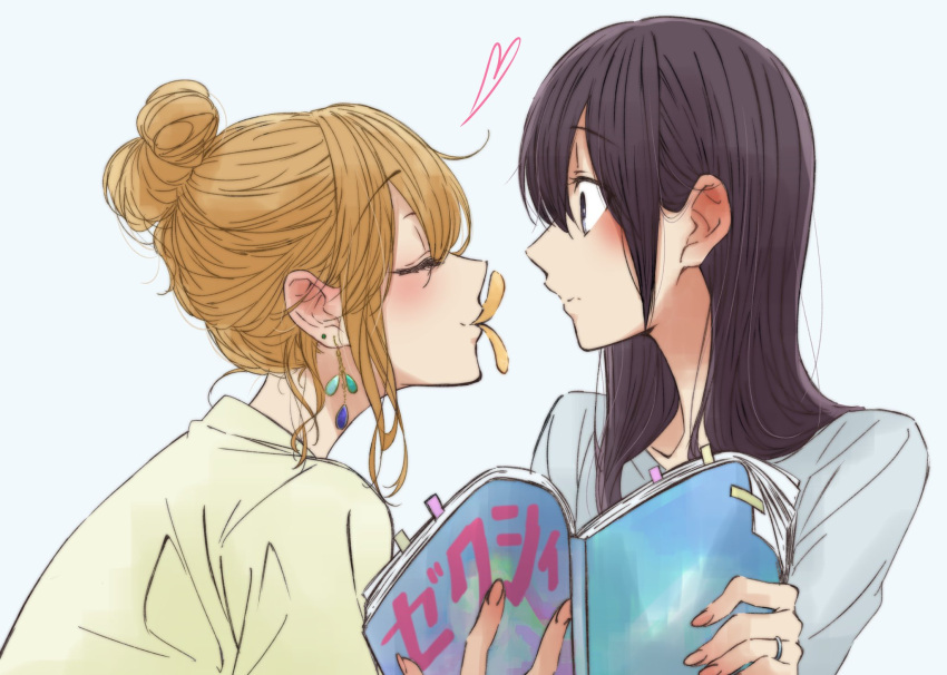 2girls aihara_mei aihara_yuzu bangs beige_shirt black_hair blonde_hair blue_background blue_shirt blush book bookmark chips citrus_(saburouta) closed_eyes commentary_request ear_blush earrings fingernails food glidesloe hair_bun heart highres holding holding_book incest jewelry long_hair looking_at_another mouth_hold multiple_girls potato_chips pringle_duck pringles ring shirt sidelocks simple_background upper_body