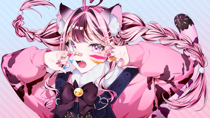 1girl animal_(vocaloid) animal_ear_fluff animal_ears bandaid bandaid_on_face bandaid_on_nose bangs braid brown_hair cat_ears eyebrows_visible_through_hair facepaint fang floating_hair highres indie_virtual_youtuber kemonomimi_mode long_hair looking_at_viewer mole mole_under_eye mu_yume multicolored_hair open_hands overalls pink_hair pink_sweater skin_fang sleeves_past_wrists solo streaked_hair sweater twin_braids violet_eyes virtual_youtuber xoco_(vtuber)