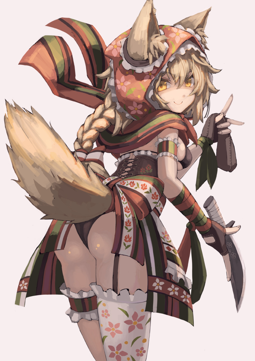 1girl animal_ear_fluff animal_ears ankle_wrap armband ass asymmetrical_legwear blonde_hair bow braid breasts character_request closed_mouth corset fingerless_gloves floral_print from_behind garter_straps gloves hair_between_eyes hair_bow highres holding holding_knife hood knife leaning_forward lilica looking_at_viewer looking_back medium_breasts medium_hair osabachan scarf sidelocks solo striped tail thigh_strap waist_bow white_background wolf_ears wolf_girl wolf_tail