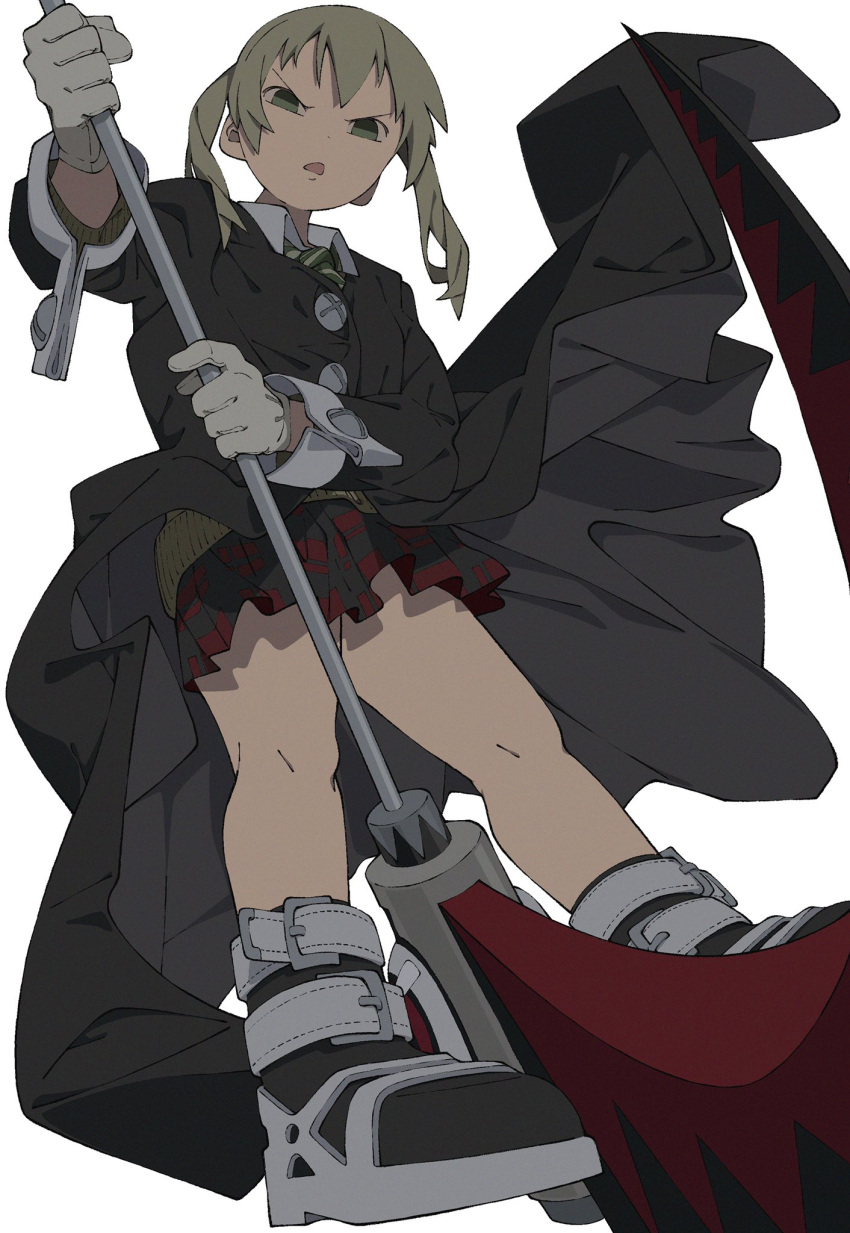 1girl black_coat black_skirt blonde_hair coat film_grain gloves green_eyes highres holding holding_scythe holding_weapon long_hair looking_at_viewer maka_albarn open_mouth patterned patterned_clothing scythe simple_background skirt solo soul_eater striped triangle_mouth twintails weapon white_background white_gloves yaya_hiyayaka