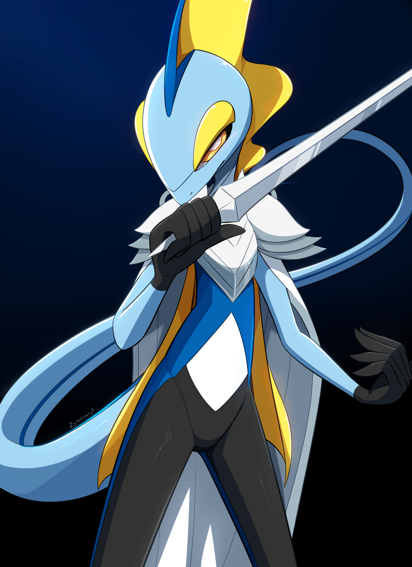 armor bright_pupils cape closed_mouth commentary hand_up highres holding holding_sword holding_weapon inteleon looking_at_viewer pokemon pokemon_(creature) solo sword weapon white_pupils yellow_eyes zymonasyh