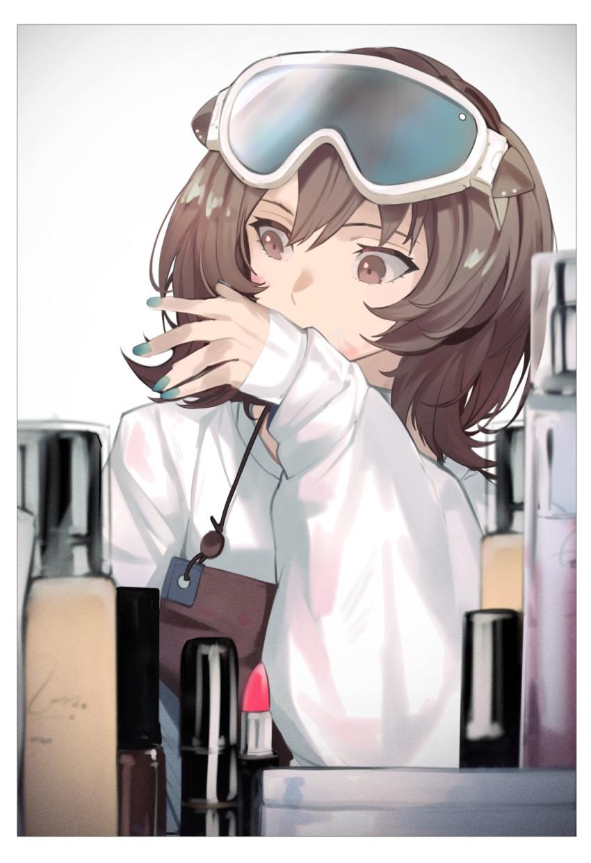 1girl apron arknights bangs blue_nails blurry blurry_foreground blush border bottle brown_eyes brown_hair cosmetics goggles goggles_on_head gradient gradient_background grey_background hand_up highres kamatpit lipstick lipstick_tube long_sleeves looking_to_the_side makeup medium_hair oversized_clothes perfume_bottle roberta_(arknights) sleeves_past_wrists solo sweater upper_body white_sweater