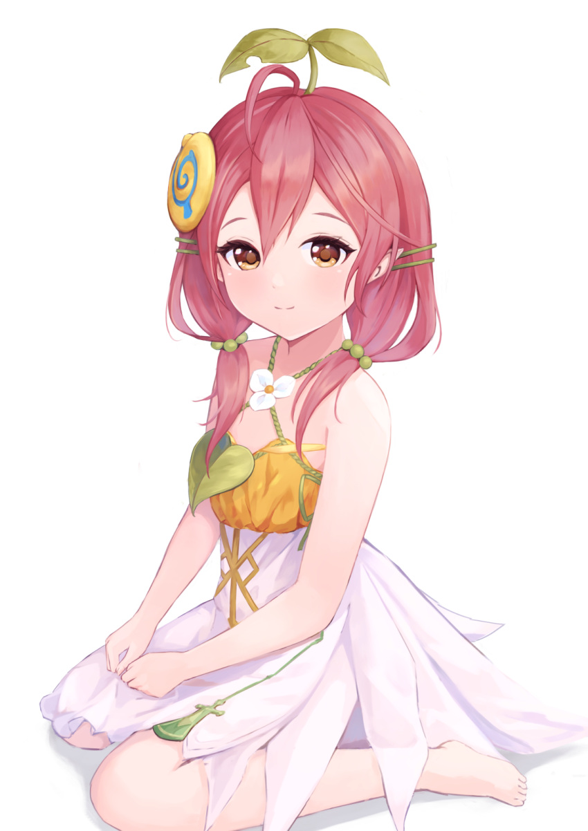 1girl ahoge bangs bare_arms bare_legs bare_shoulders closed_mouth criss-cross_halter dress evanstan full_body granblue_fantasy hair_ornament halterneck hands_on_lap highres long_hair looking_at_viewer low_twintails pink_hair short_twintails simple_background sitting sleeveless sleeveless_dress smile solo sprout_on_head twintails wariza white_background yellow_eyes yggdrasil_(granblue_fantasy)