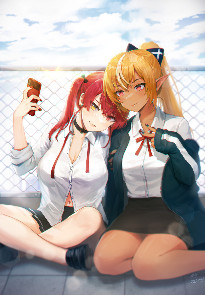 2girls bangs bare_legs black_footwear black_skirt blonde_hair blue_jacket blue_nails bow breasts chain-link_fence closed_mouth collared_shirt dark-skinned_female dark_skin dress_shirt earrings elf fence hair_bow head_tilt highres holding holding_another's_arm holding_phone hololive houshou_marine indian_style jacket jewelry large_breasts long_hair long_sleeves multicolored_hair multiple_girls nail_polish neck_ribbon noixen open_clothes open_jacket open_mouth outdoors partially_unbuttoned phone pleated_skirt pointy_ears ponytail red_eyes red_nails red_ribbon ribbon selfie shiranui_flare shirt shoes signature sitting skirt smile streaked_hair twintails virtual_youtuber white_hair white_shirt yellow_eyes