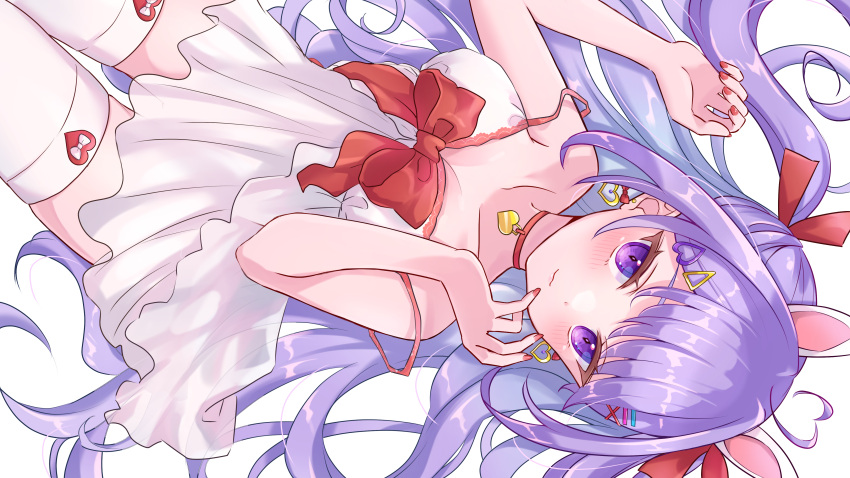 1girl :3 absurdres ahoge animal_ears blush bow character_request choker collarbone commentary commission dress dutch_angle earrings eyebrows_behind_hair frills from_above hair_ribbon heart highres indie_virtual_youtuber jewelry lace long_hair looking_at_viewer nail_polish null_maru purple_hair red_bow red_ribbon ribbon sidelocks skeb_commission smile solo strap_slip thigh-highs two_side_up violet_eyes virtual_youtuber white_background white_bow white_dress zettai_ryouiki