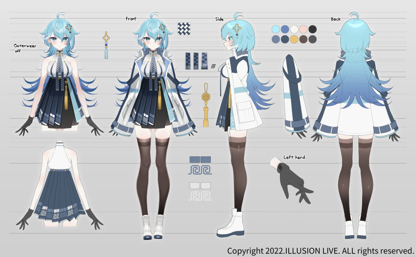 1girl 2022 absurdres ahoge aqua_eyes arms_at_sides bangs blue_hair character_sheet closed_mouth color_guide company_name copyright earrings hair_ornament highres illusion_live jacket jewelry long_hair looking_at_viewer mono_(mono_zzz) multiple_views official_art open_clothes open_jacket saya_fortis shoes simple_background skirt smile standing thigh-highs turnaround virtual_youtuber white_background