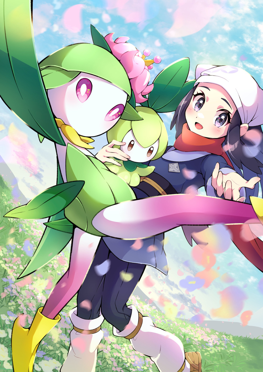 1girl absurdres akari_(pokemon) black_hair black_legwear black_sash black_shirt brown_footwear clouds commentary_request day evolutionary_line falling_petals flower grass grey_jacket grey_skirt head_scarf highres hisuian_lilligant jacket long_hair loose_socks outdoors pantyhose petals petilil pokemon pokemon_(creature) pokemon_(game) pokemon_legends:_arceus pon_yui sash shirt shoes sidelocks skirt sky white_headwear white_legwear