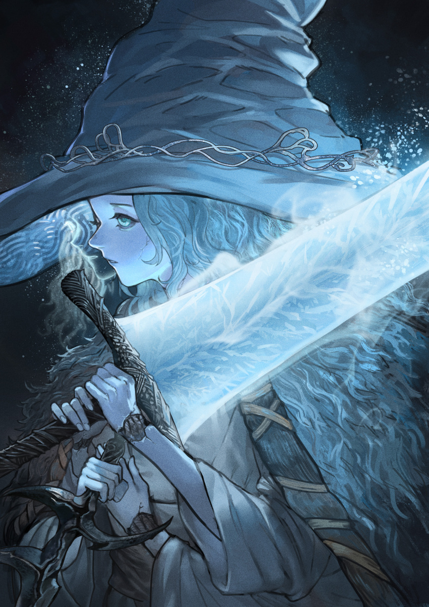 1girl absurdres blue_eyes blue_hair blue_skin cloak closed_mouth colored_skin cracked_skin dress elden_ring extra_arms extra_faces from_side fur_cloak glowing grey_background hat highres holding holding_weapon joints jun_(5455454541) long_hair long_sleeves moonlight_greatsword one_eye_closed parted_lips ranni_the_witch solo sword weapon weapon_request witch witch_hat