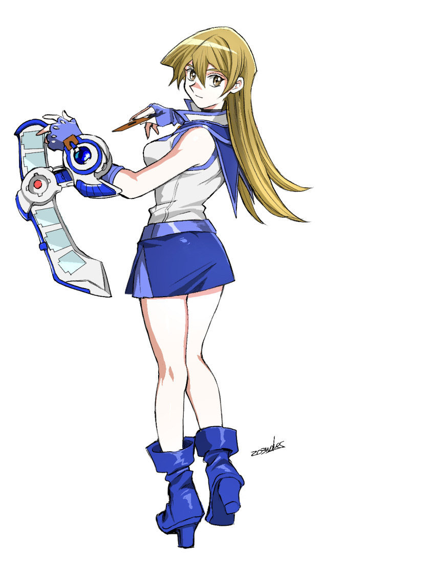 1girl 203wolves ankle_boots artist_name bangs bare_shoulders belt blue_footwear blue_gloves blue_skirt boots breasts card closed_mouth duel_academy_uniform_(yu-gi-oh!_gx) duel_disk fingerless_gloves from_behind full_body gloves high_heel_boots high_heels highres holding long_hair looking_at_viewer looking_back medium_breasts miniskirt sailor_collar shiny shiny_hair signature simple_background skirt sleeveless tenjouin_asuka yellow_eyes yu-gi-oh! yu-gi-oh!_gx yuu-gi-ou yuu-gi-ou_gx