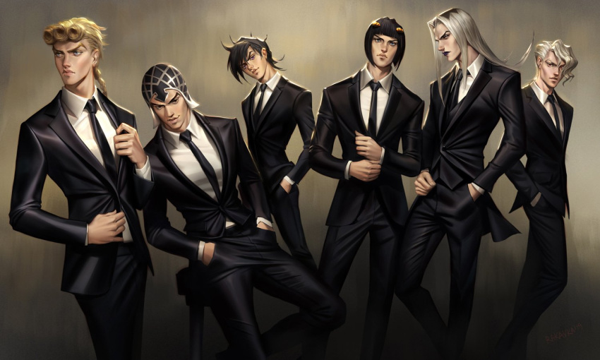 6+boys beige_background black_hair blonde_hair blue_eyes bob_cut braid bruno_buccellati cowboy_shot earrings formal giorno_giovanna grey_hair guido_mista hair_ornament hairclip hat headband jewelry jojo_no_kimyou_na_bouken leone_abbacchio lipstick long_hair makeup multiple_boys narancia_ghirga necktie pannacotta_fugo pant_suit rakavka shirt short_hair suit tuxedo vento_aureo