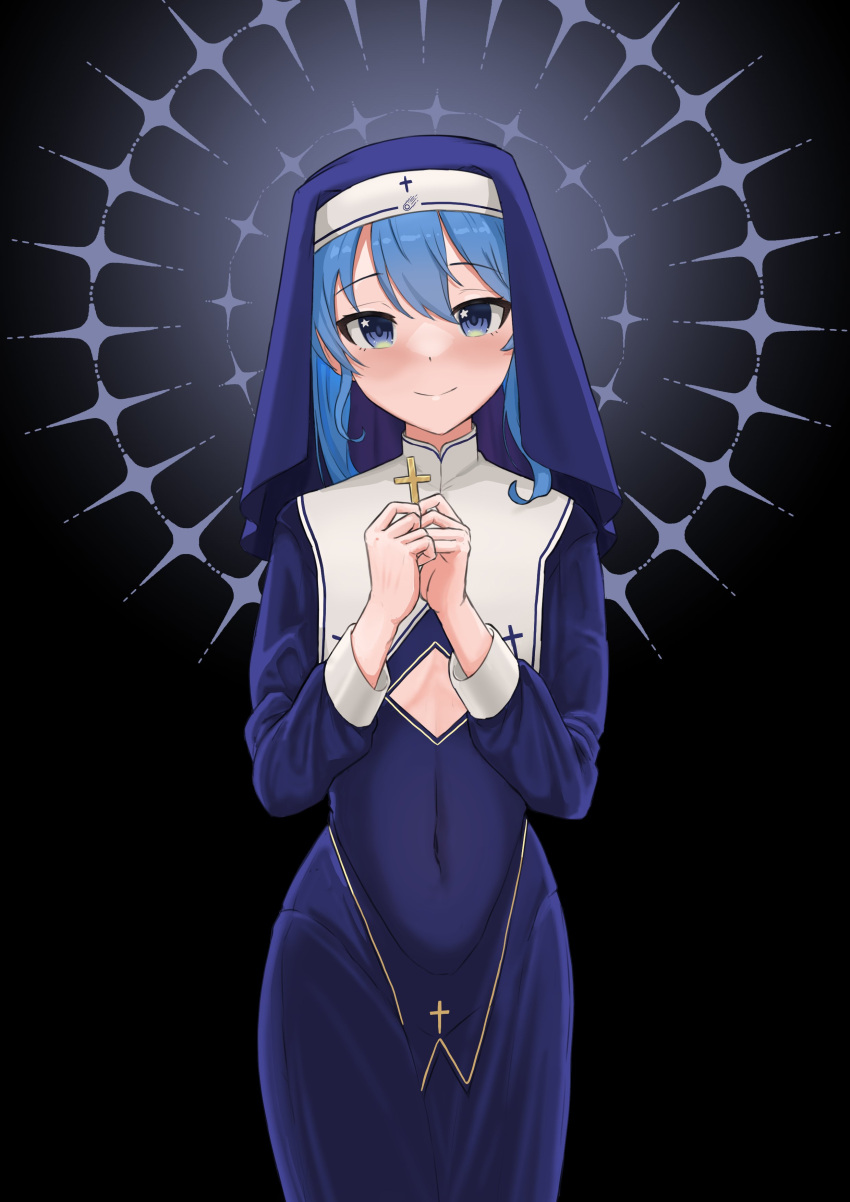 1girl absurdres bangs blue_eyes blue_hair breasts comet commentary cross cutout_above_navel dress eyebrows_visible_through_hair habit hair_between_eyes highres hololive hoshimachi_suisei kuon_bb long_hair long_sleeves looking_at_viewer medium_hair navel nun small_breasts smile solo star_(symbol) star_in_eye symbol_in_eye virtual_youtuber