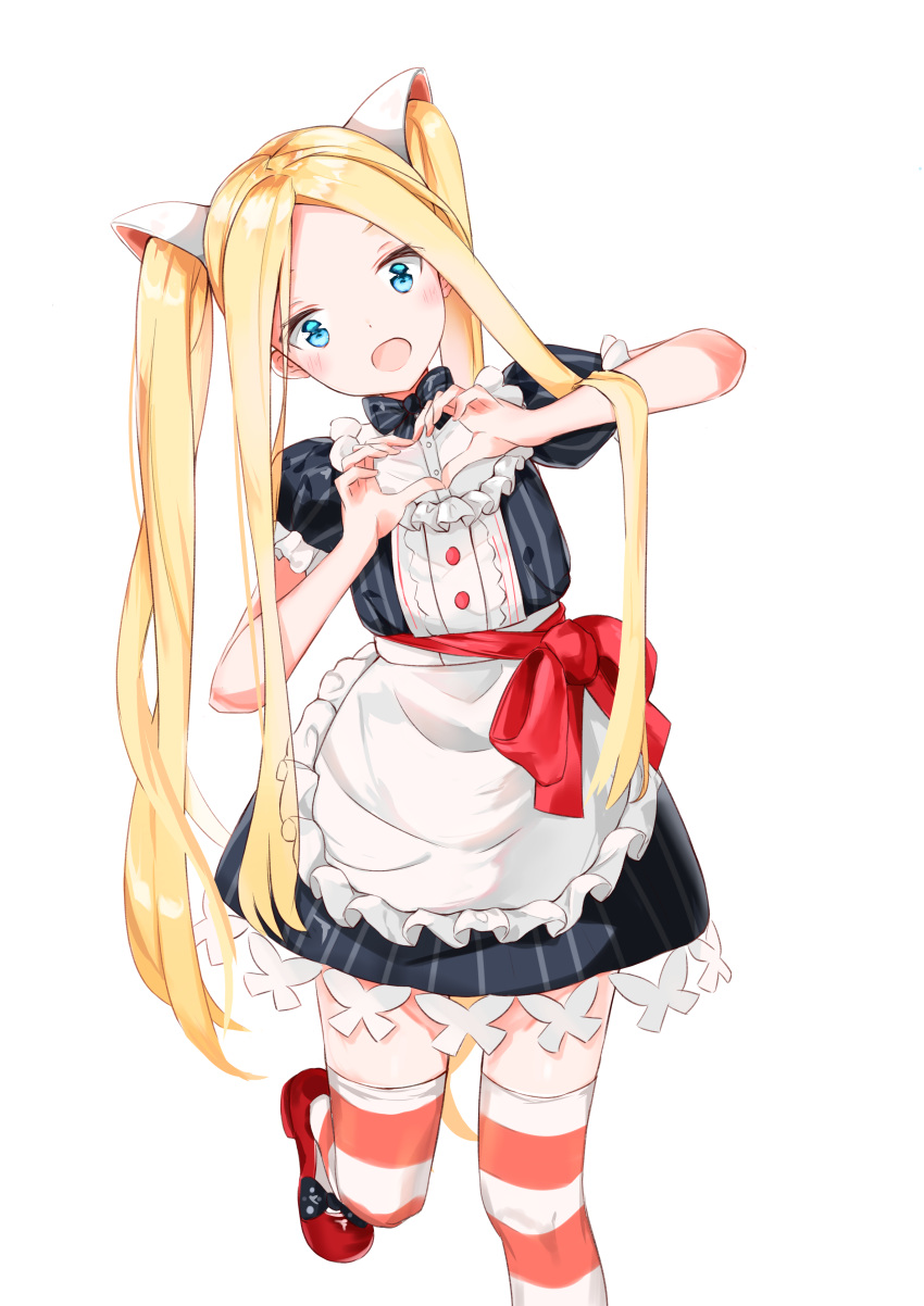 1girl :d abigail_williams_(fate) absurdres apron bangs black_dress blonde_hair blue_eyes bow commentary_request dress eyebrows_behind_hair fate/grand_order fate_(series) forehead frilled_apron frills head_tilt heart heart_hands highres long_hair puffy_short_sleeves puffy_sleeves red_bow red_footwear shoes short_sleeves simple_background smile solo striped striped_dress striped_legwear thigh-highs twintails vertical-striped_dress vertical_stripes very_long_hair waist_apron white_apron white_background yukaa