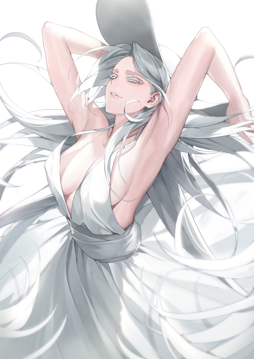 1girl absurdres armpits arms_up bare_arms breasts colored_eyelashes dress floating_hair highres large_breasts long_hair looking_at_viewer no_bra original parted_lips sabotensuteeki sleeveless sleeveless_dress solo standing very_long_hair white_dress white_eyes white_hair white_theme