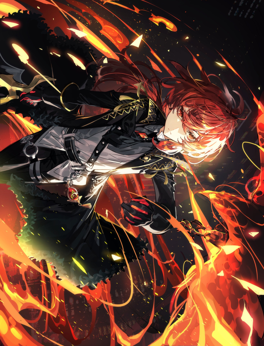 1boy absurdres belt bird black_coat black_gloves black_necktie closed_mouth coat diluc_(genshin_impact) fire flame fur-trimmed_coat fur_trim genshin_impact gloves hair_between_eyes highres holding holding_sword holding_weapon long_hair male_focus multicolored_clothes multicolored_gloves mura_karuki necktie o-ring phoenix red_eyes red_gloves redhead solo sword thigh_strap two-tone_gloves vision_(genshin_impact) weapon