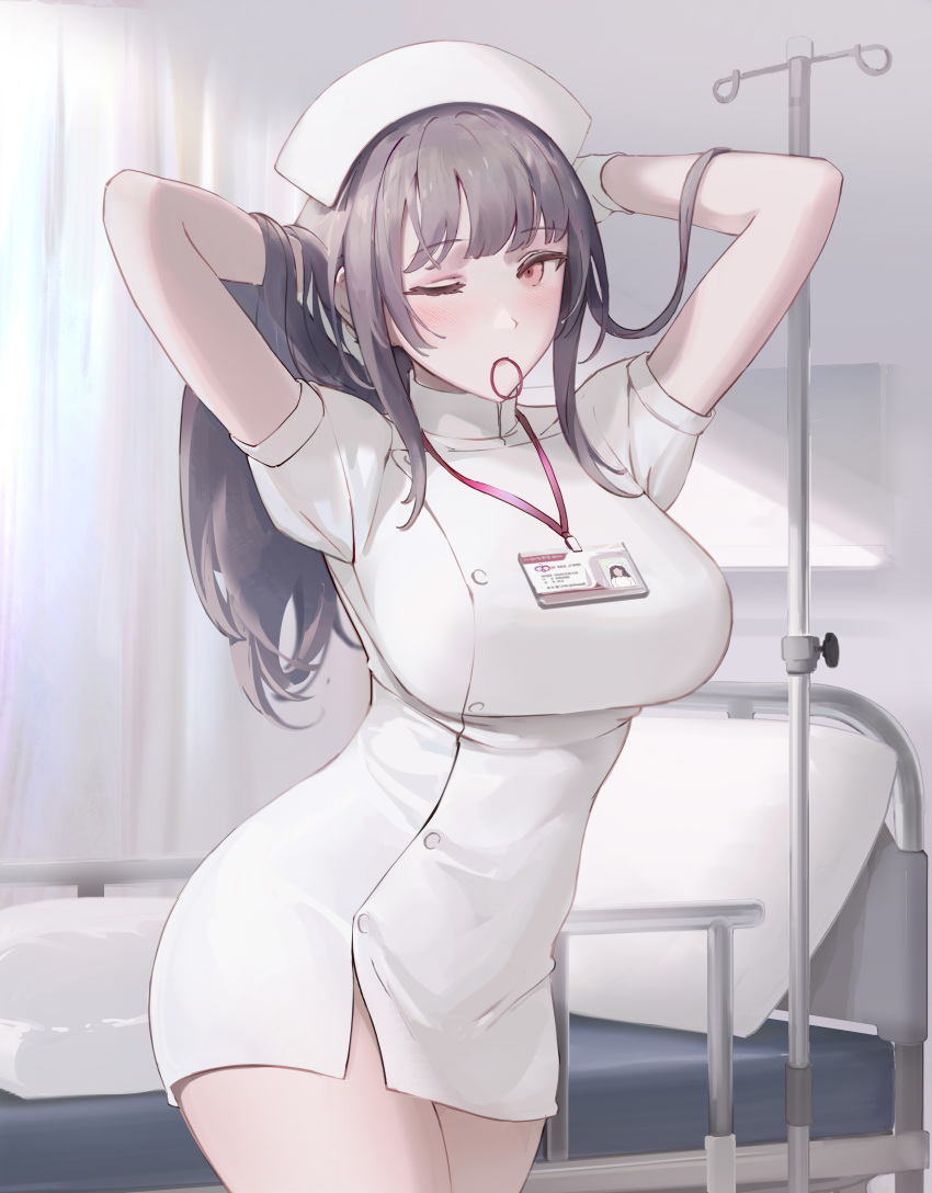 1girl absurdres arms_up bangs bed black_hair blush breasts chowbie cowboy_shot english_commentary eyebrows_visible_through_hair gloves hands_in_hair hat highres indoors large_breasts long_hair looking_at_viewer mouth_hold name_tag nurse nurse_cap one_eye_closed original pink_eyes short_sleeves solo thighs white_gloves white_headwear