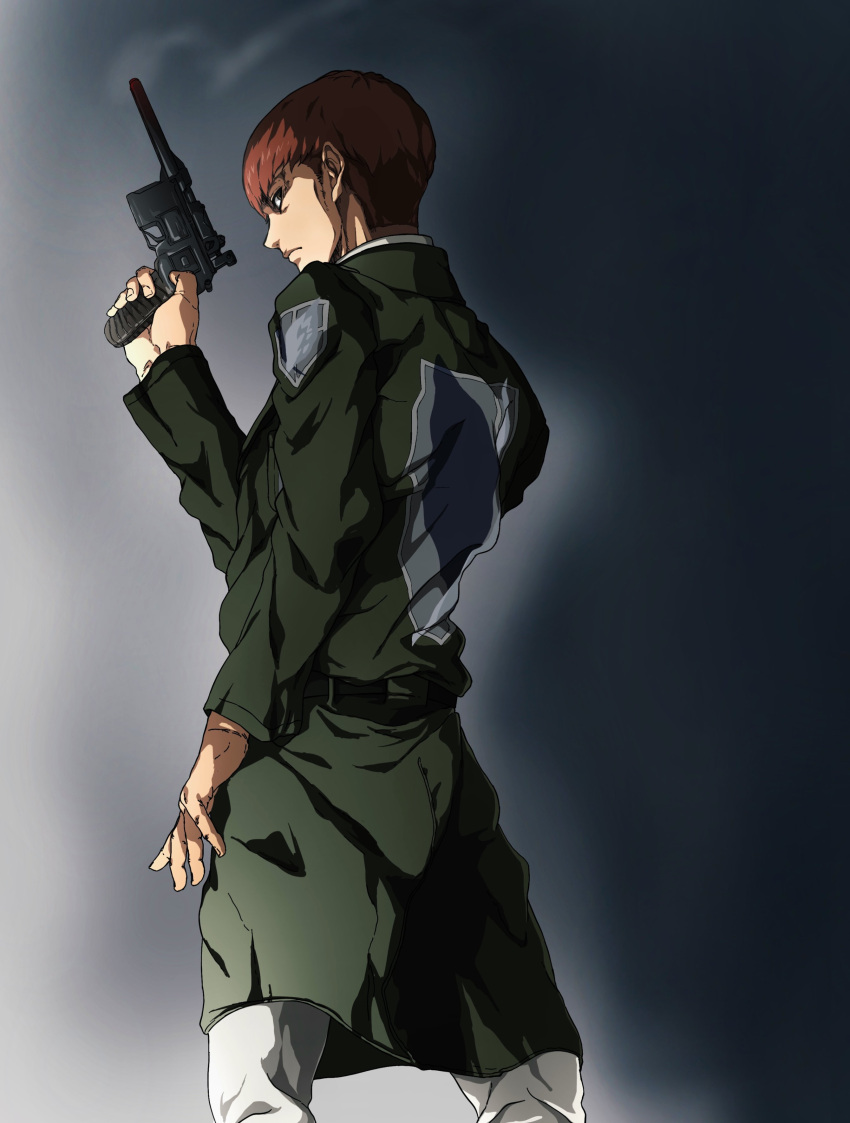 1boy absurdres brown_hair daisx_(dais0115) feet_out_of_frame floch_forster from_below from_side gun highres holding holding_gun holding_weapon looking_at_viewer male_focus military military_uniform official_style pants paradis_military_uniform shingeki_no_kyojin short_hair smoke solo survey_corps_(emblem) uniform weapon white_pants