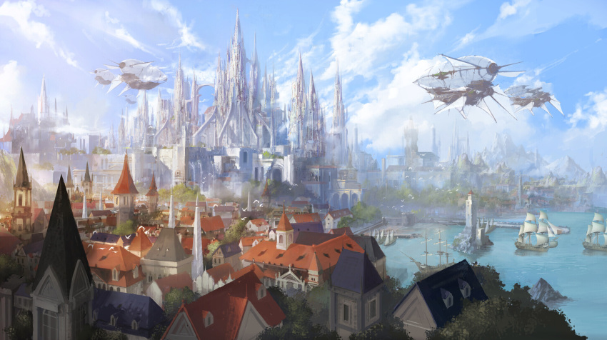 aircraft arch architecture blue_sky building buttress castellation castle clouds cloudy_sky day fantasy flying_buttress from_above gothic_architecture highres hui-won_park landscape mountainous_horizon no_humans original outdoors palace scenery second-party_source ship sky tower watercraft