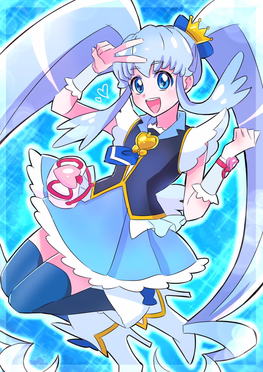 1girl blue_background blue_eyes blue_hair blue_skirt blue_thighhighs boots brooch crown cure_princess hair_ornament happinesscharge_precure! heart highres jewelry long_hair looking_at_viewer magical_girl mini_crown momo02634 open_mouth precure salute skirt smile solo thigh-highs twintails vest wing_brooch wrist_cuffs