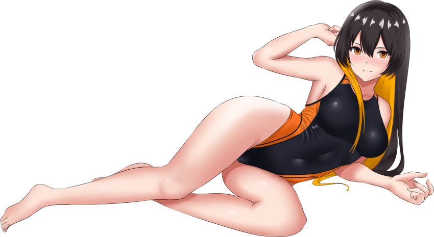 1girl absurdres black_hair black_swimsuit breasts closed_mouth competition_swimsuit covered_navel cryptocurrency full_body hair_between_eyes highres long_hair looking_at_viewer lying medium_breasts monero-chan multicolored_hair on_side one-piece_swimsuit orange_eyes orange_hair orange_swimsuit original simple_background smile solo swimsuit transparent_background two-tone_hair two-tone_swimsuit vostoemisio