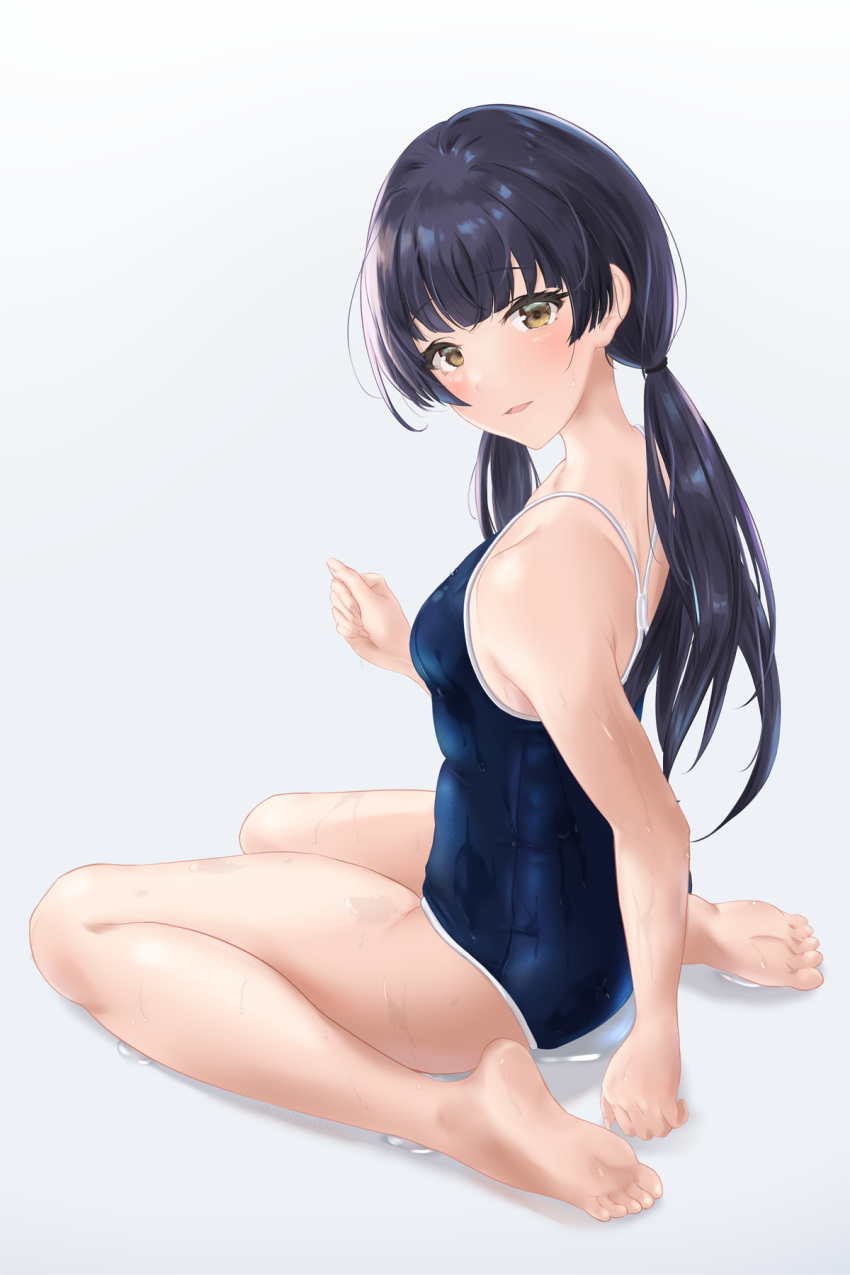 1girl armpits black_hair blush feet highres idolmaster idolmaster_shiny_colors legs looking_at_viewer mayuzumi_fuyuko one-piece_swimsuit open_mouth saigo_no_ritou school_swimsuit simple_background solo swimsuit thighs twintails wet wet_clothes wet_swimsuit white_background yellow_eyes