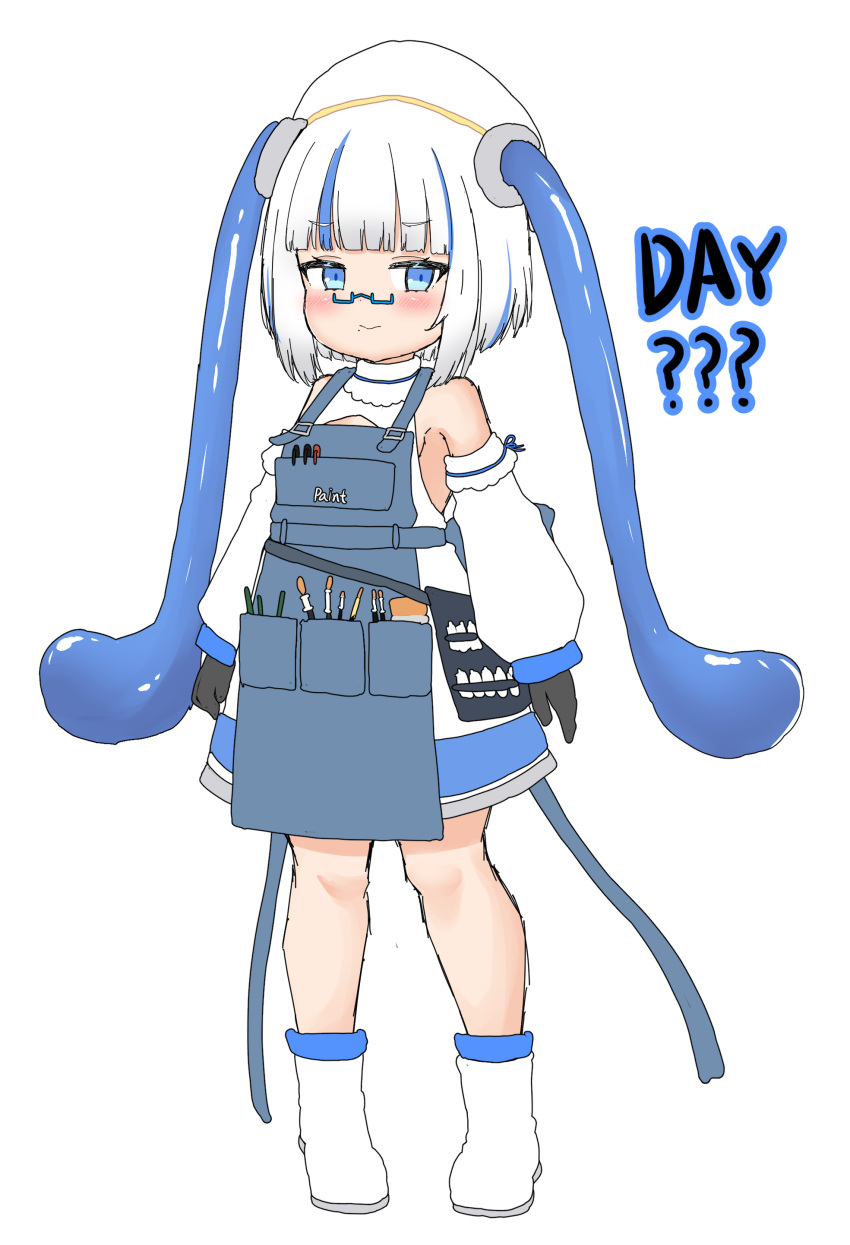 1girl absurdres apron bailingxiao_jiu bangs bare_shoulders beret black_gloves blue-framed_eyewear blue_apron blue_eyes blue_hair blush boots closed_mouth detached_sleeves dress eyebrows_visible_through_hair full_body gloves hat highres long_sleeves looking_at_viewer mole mole_under_mouth multicolored_hair original pince-nez puffy_long_sleeves puffy_sleeves semi-rimless_eyewear simple_background sleeveless sleeveless_dress sleeves_past_wrists smile solo streaked_hair under-rim_eyewear white_background white_dress white_footwear white_hair white_headwear white_sleeves