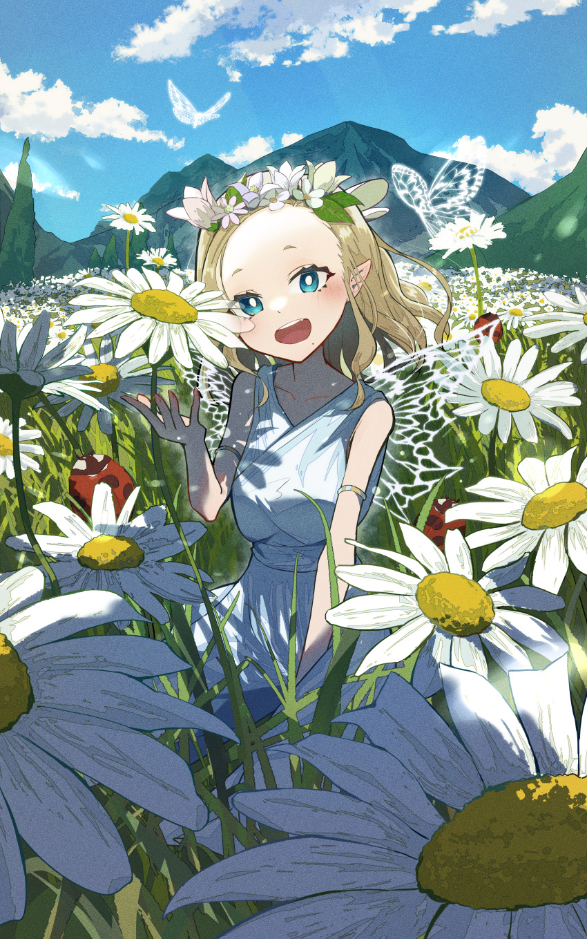 1girl absurdres blonde_hair blush bright_pupils bug butterfly butterfly_wings clouds collarbone commentary_request daisy day flower grass hair_flower hair_ornament hand_up highres houkou_illust ladybug looking_at_viewer minigirl mole mole_under_mouth mountainous_horizon open_mouth original outdoors pointing shirt skirt sleeveless sleeveless_shirt smile solo white_pupils white_skirt wings