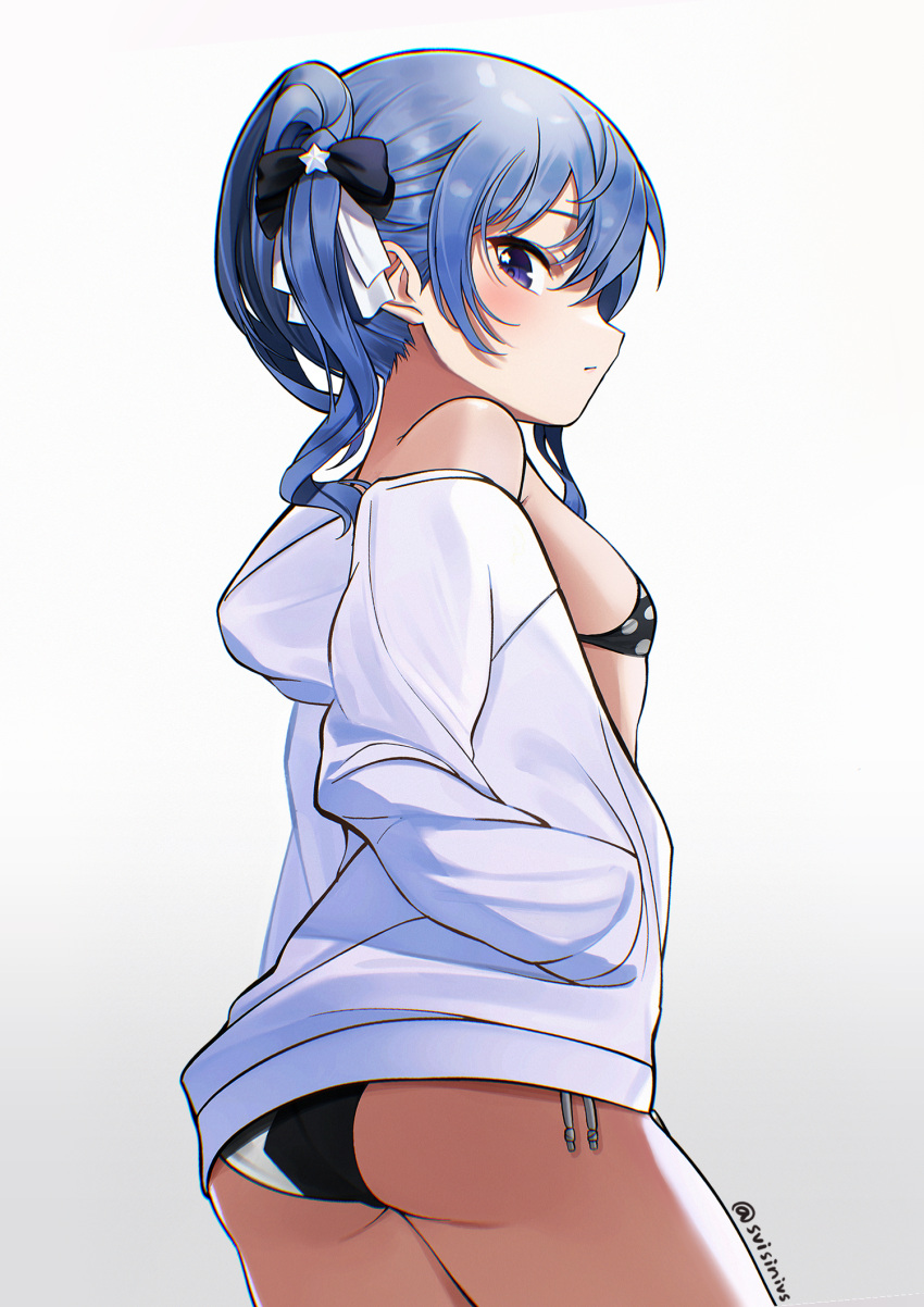 1girl ass bangs bikini black_bikini blue_hair closed_mouth cowboy_shot flat_chest from_behind hair_ribbon hand_in_pocket highres hiroikara_(smhong04) hololive hoshimachi_suisei jacket long_sleeves looking_at_viewer looking_back medium_hair open_clothes open_jacket profile ribbon simple_background solo star_(symbol) star_in_eye swimsuit symbol_in_eye twintails violet_eyes virtual_youtuber white_background white_jacket